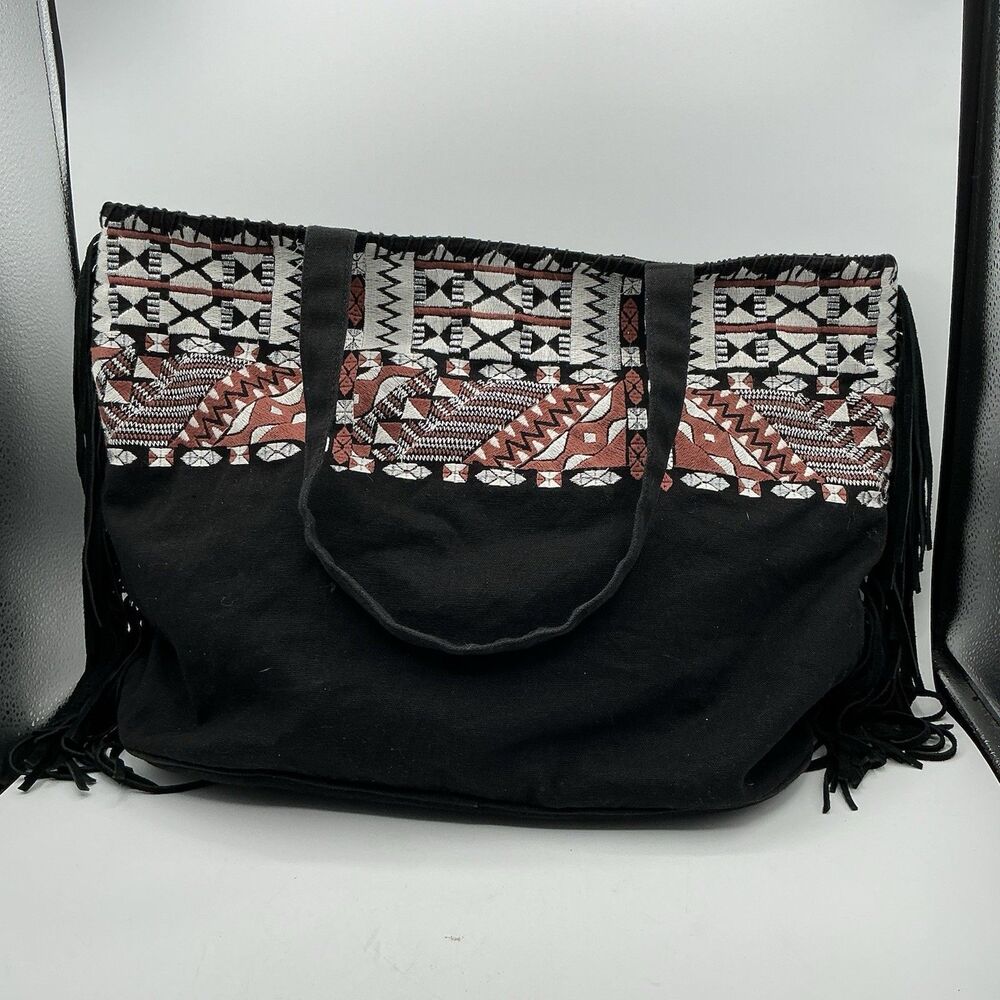 Anuse Boho Tribal Tapestry Fringe Tote Bag Black Canvas Southwest Large